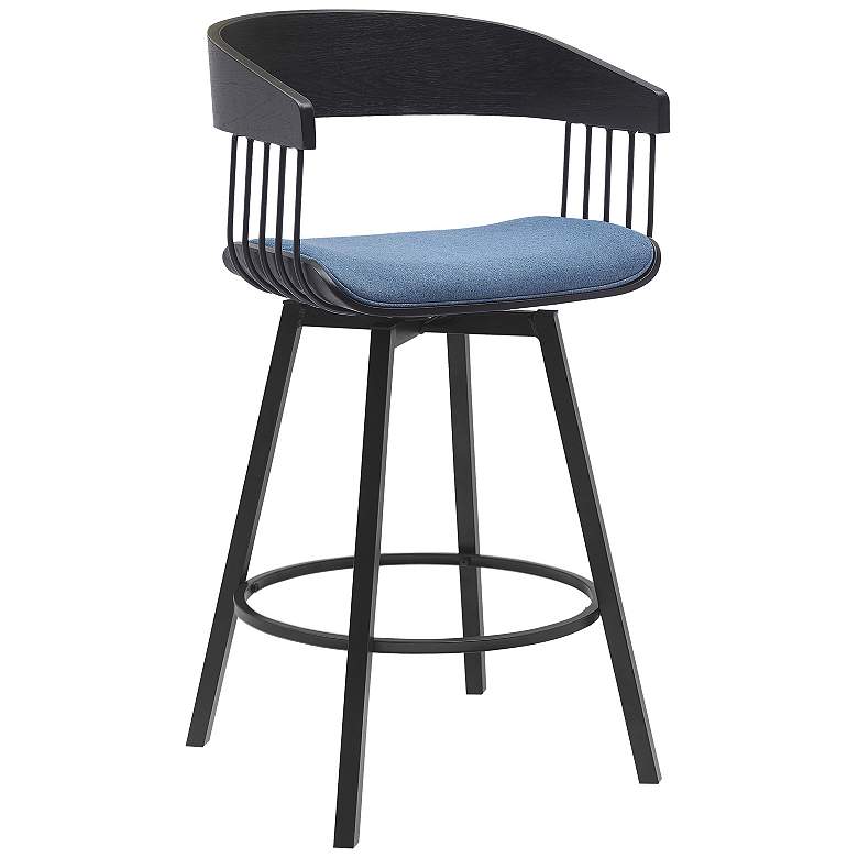 Image 1 Athena 27 in. Swivel Barstool in Black Wood, Metal and Blue Fabric