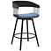 Athena 27 in. Swivel Barstool in Black Wood, Metal and Blue Fabric