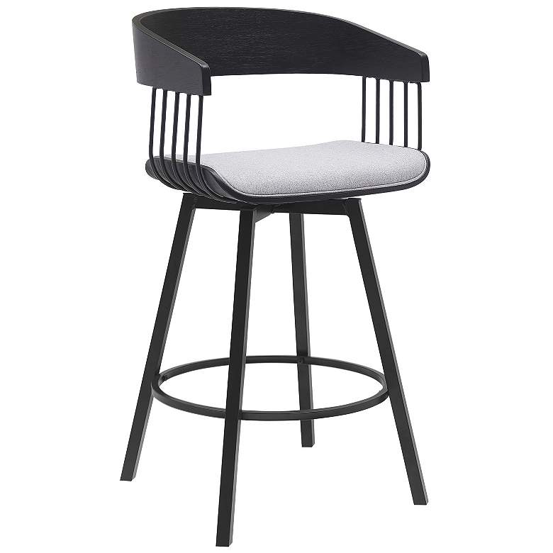 Image 1 Athena 27 in. Swivel Barstool in Black Wood, Metal and Light Grey Fabric