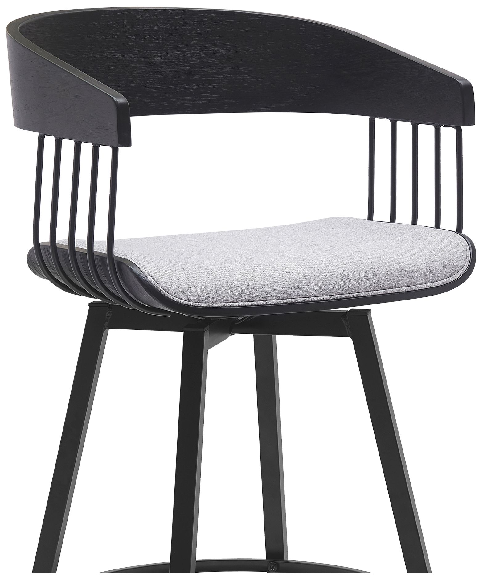 Athena 27 in. Swivel Barstool in Black Wood, Metal and Light Grey Fabric