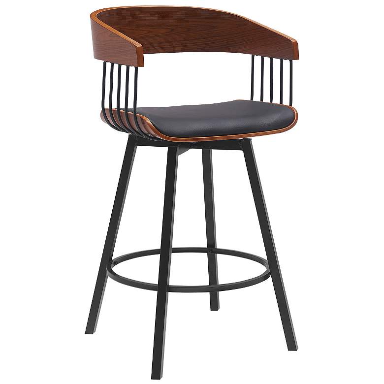 Image 1 Athena 27 in. Swivel Barstool in Walnut Wood, Metal and Black Faux Leather