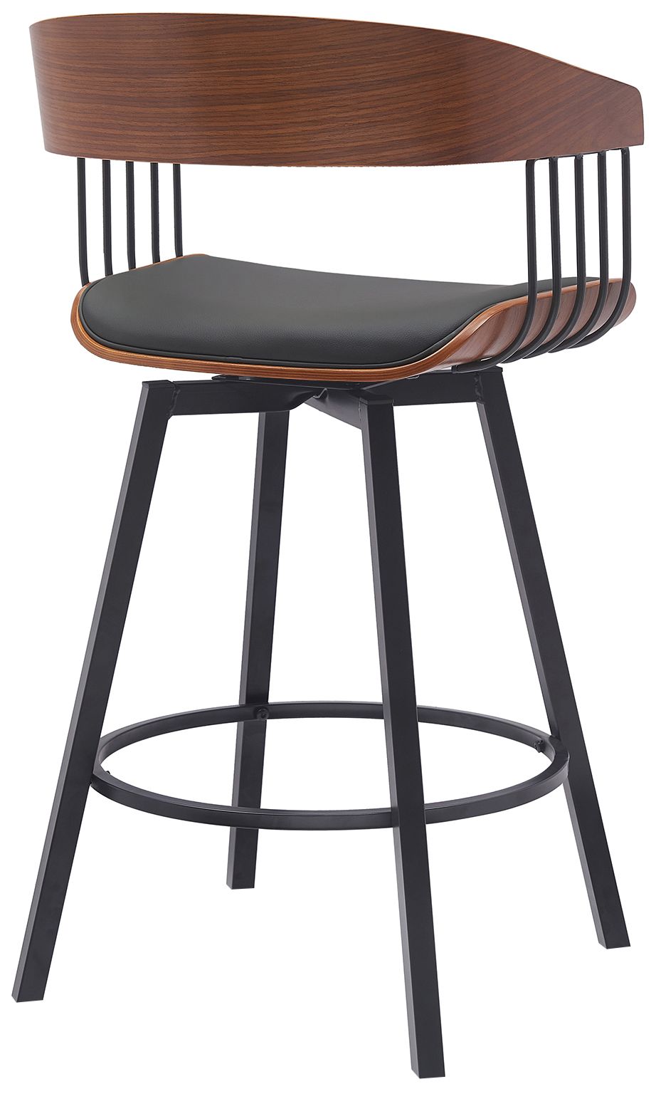 Image 4 Athena 27 in. Swivel Barstool in Walnut Wood, Metal and Black Faux Leather more views