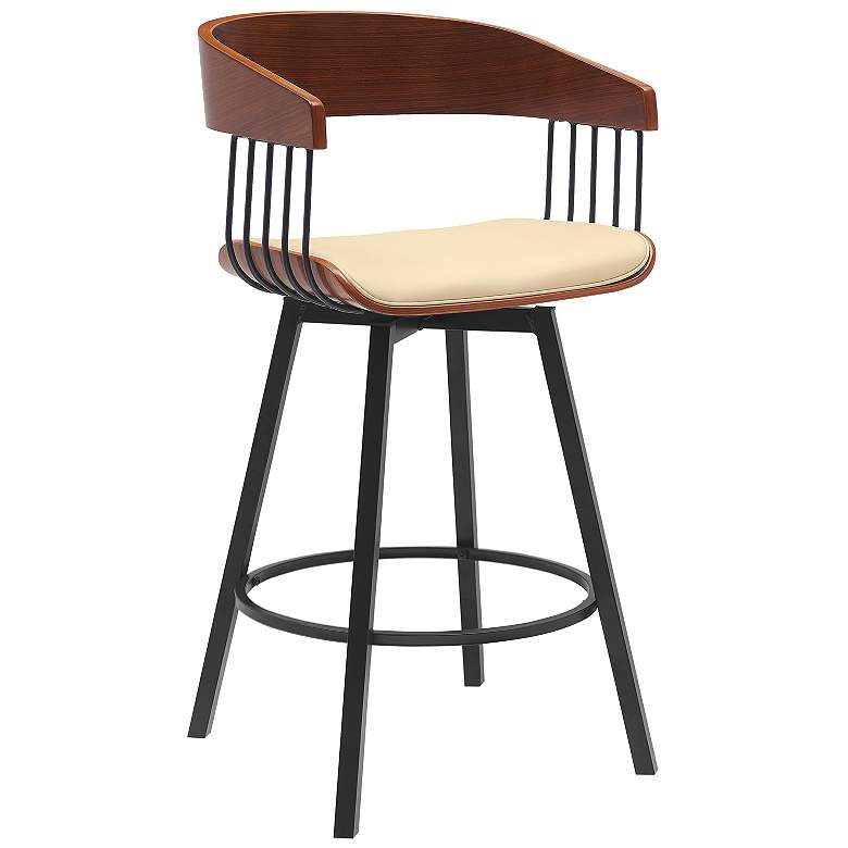 Image 1 Athena 27 in. Swivel Barstool in Walnut Wood, Metal and Cream Faux Leather