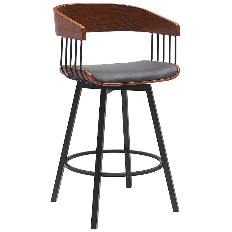 Image 1 Athena 27 in. Swivel Barstool in Walnut Wood, Metal and Grey Faux Leather