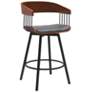 Athena 27 in. Swivel Barstool in Walnut Wood, Metal and Grey Faux Leather