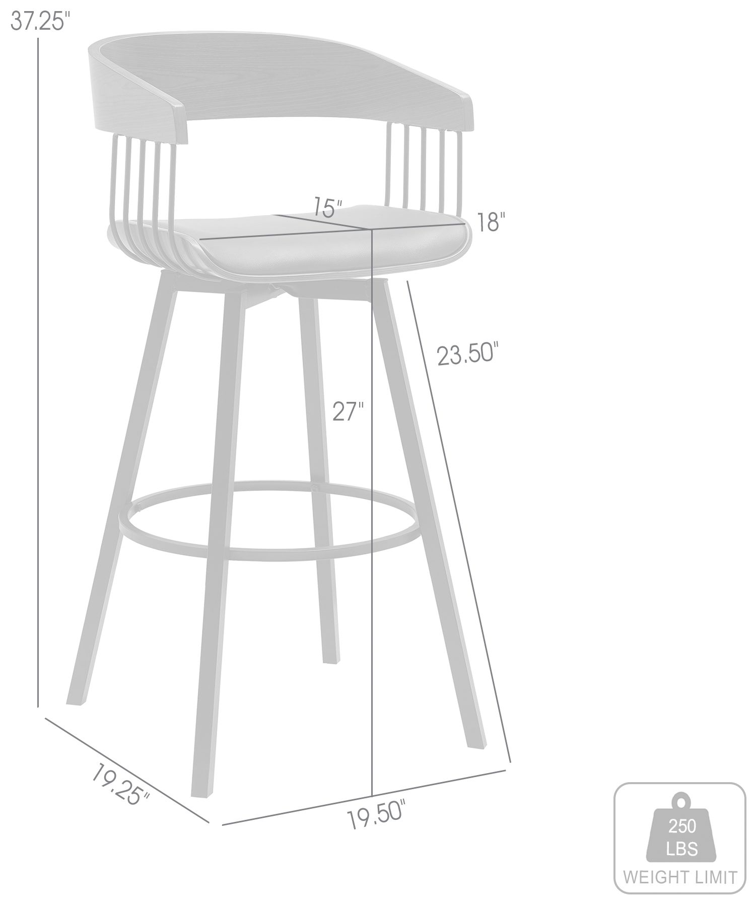 Athena 27 in. Swivel Barstool in Walnut Wood, Metal and Grey Faux Leather