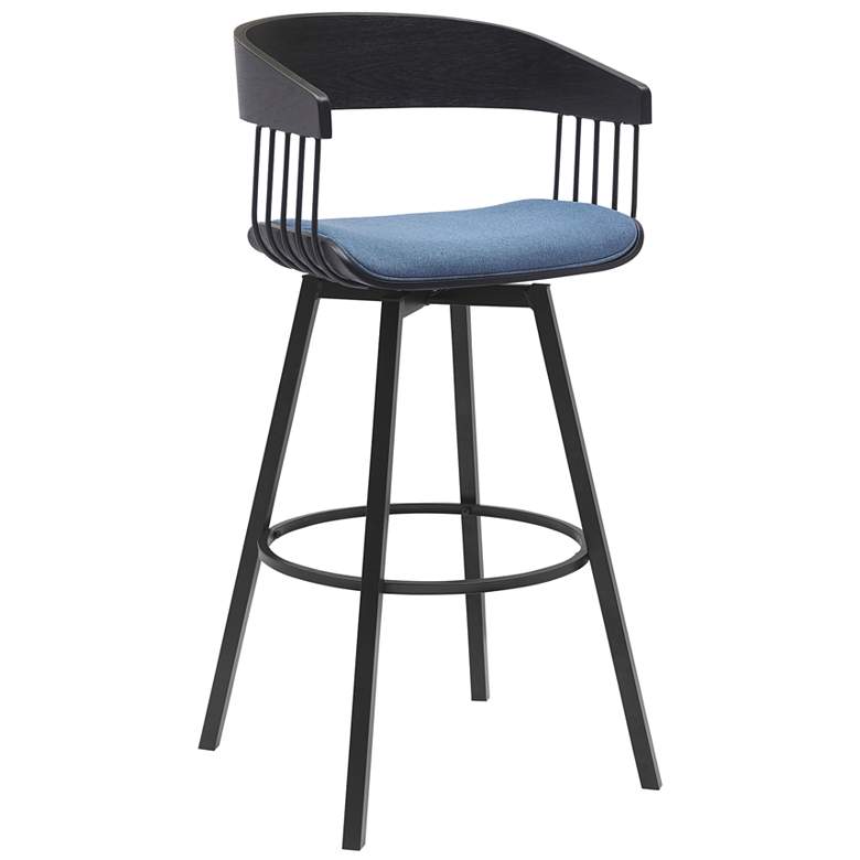 Image 1 Athena 31 in. Swivel Barstool in Black Wood, Metal and Blue Fabric