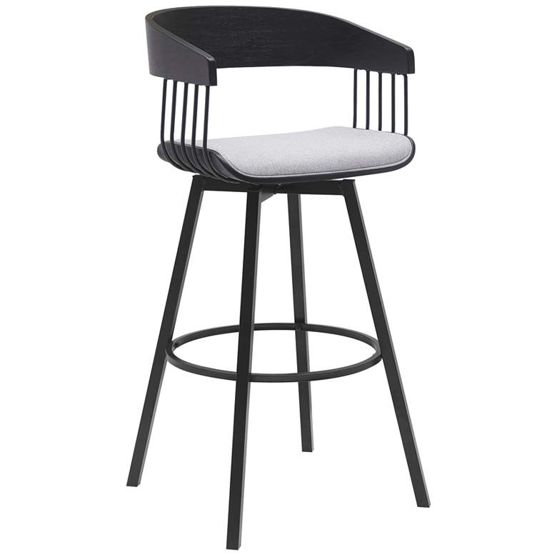 Image 1 Athena 31 in. Swivel Barstool in Black Wood, Metal and Light Grey Fabric
