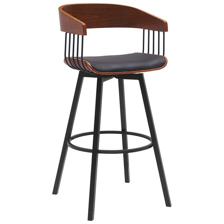 Image 1 Athena 31 in. Swivel Barstool in Walnut Wood, Metal and Black Faux Leather