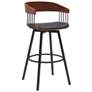Athena 31 in. Swivel Barstool in Walnut Wood, Metal and Black Faux Leather
