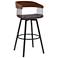 Athena 31 in. Swivel Barstool in Walnut Wood, Metal and Black Faux Leather