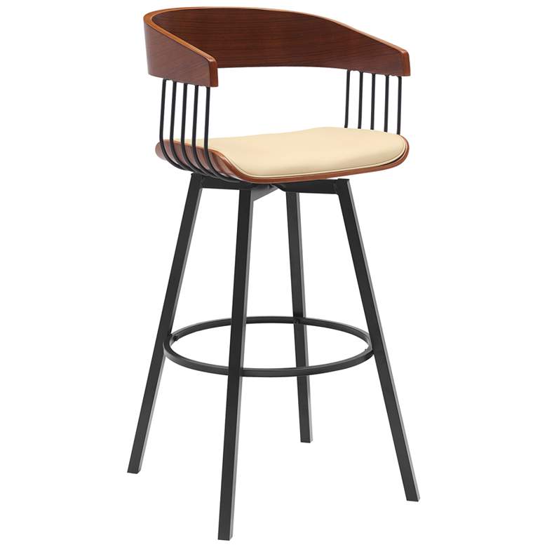 Image 1 Athena 31 in. Swivel Barstool in Walnut Wood, Metal and Cream Faux Leather