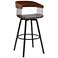 Athena 31 in. Swivel Barstool in Walnut Wood, Metal and Grey Faux Leather