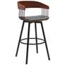 Athena 31 in. Swivel Barstool in Walnut Wood, Metal and Grey Faux Leather