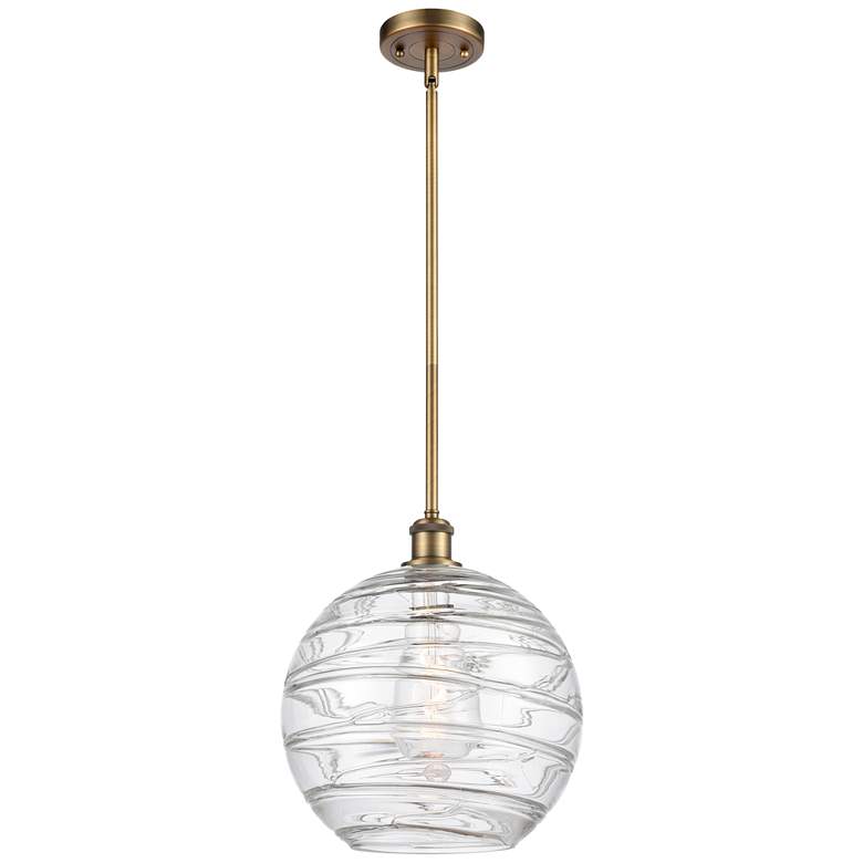 Image 1 Athens 12" Brushed Brass Stem Hung Mini Pendant w/ Clear Deco Swirl Sh