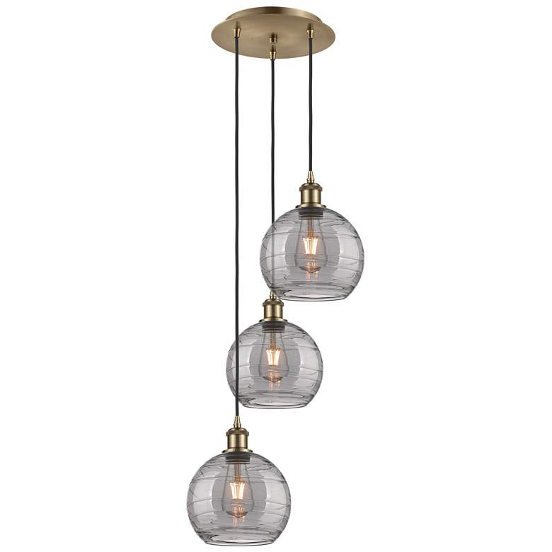 Image 1 Athens 14.5"W 3-Light Antique Brass Cord Pendant w/ Smoke Swirl Shade