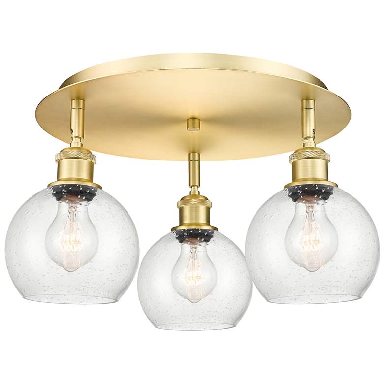 Image 1 Athens 17.75" Wide 3 Light Satin Gold Flush Mount With Seedy Glass Sha