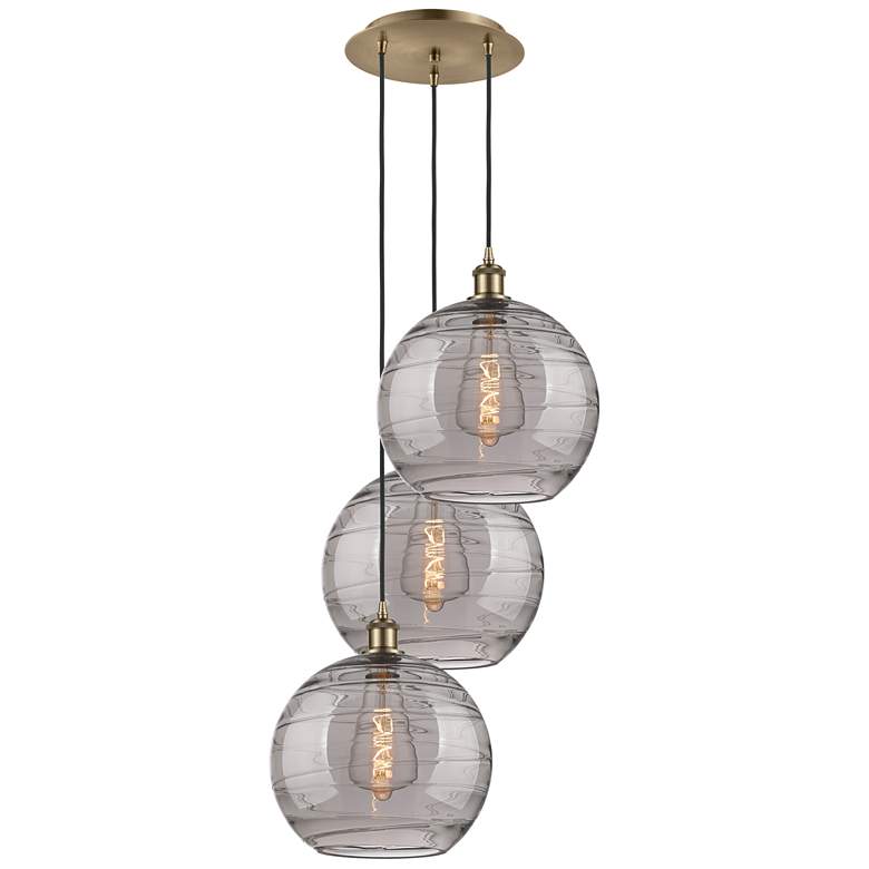 Image 1 Athens 18.5"W 3-Light Antique Brass Cord Pendant w/ Smoke Swirl Shade