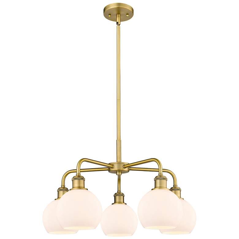Image 1 Athens 24"W 5 Light Brushed Brass Stem Hung Chandelier With White Shad