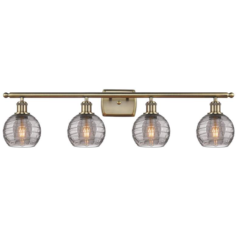 Image 1 Athens 35.88"W 4-Light Antique Brass Bath Light w/ Smoke Swirl Shade