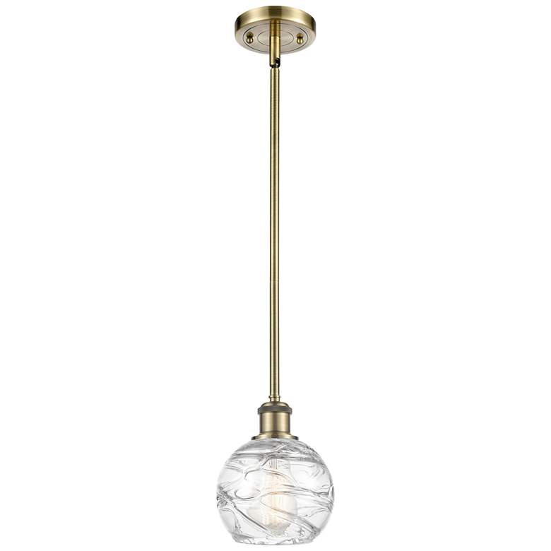 Image 1 Athens 6" Antique Brass Stem Hung Mini Pendant w/ Clear Deco Swirl Sha