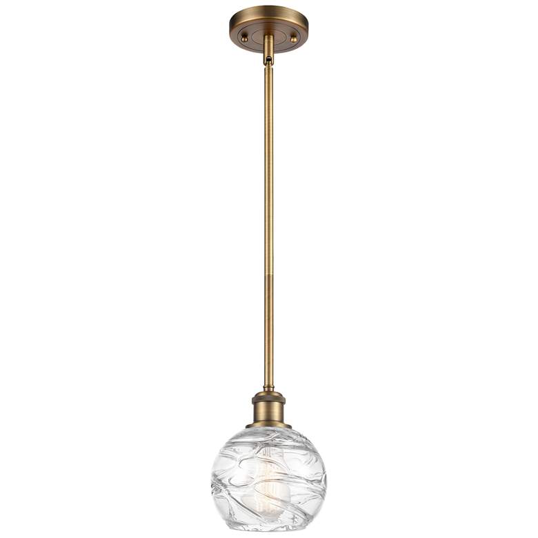 Image 1 Athens 6 inch Brushed Brass Stem Hung Mini Pendant w/ Clear Deco Swirl Sha