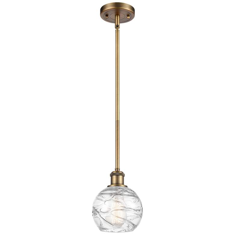 Image 1 Athens 6" Brushed Brass Stem Hung Mini Pendant w/ Clear Deco Swirl Sha