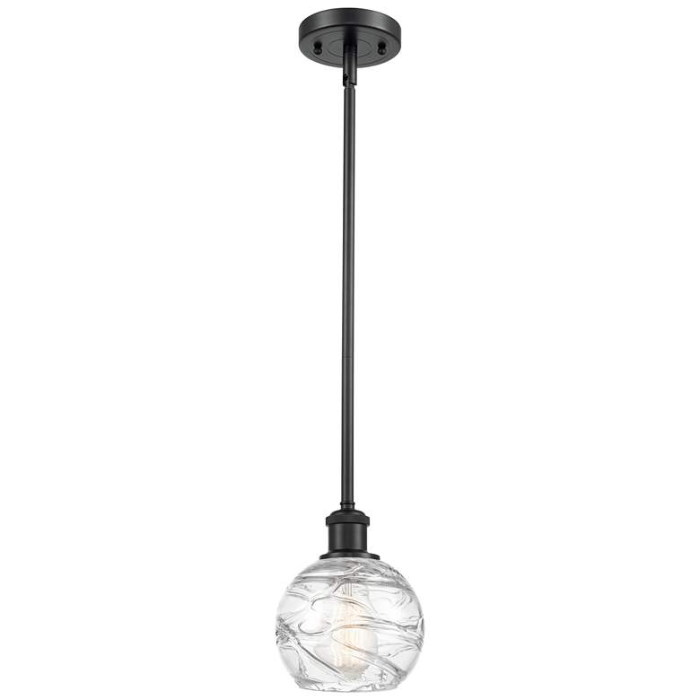 Image 1 Athens 6" Matte Black Stem Hung Mini Pendant w/ Clear Deco Swirl Shade