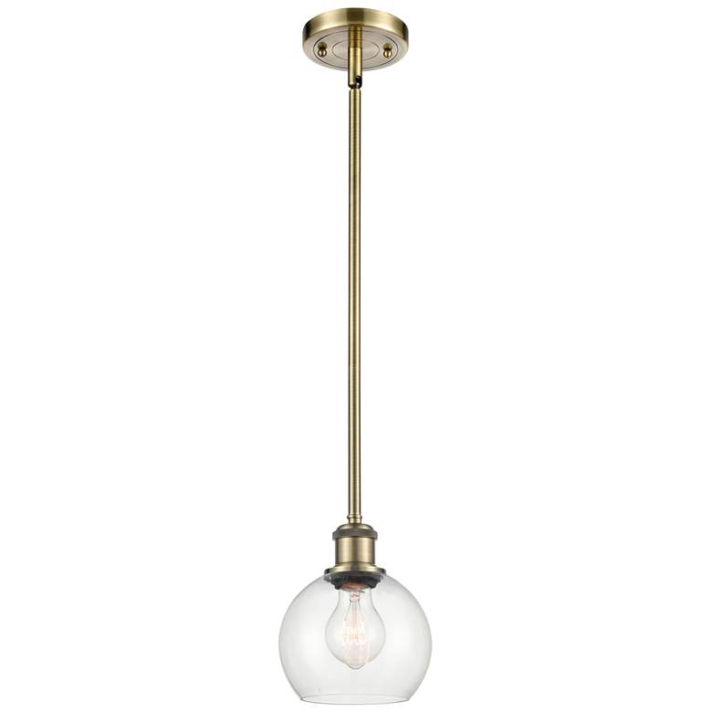 Image 1 Athens 6"W Stem Hung Antique Brass Mini Pendant w/ Clear Shade