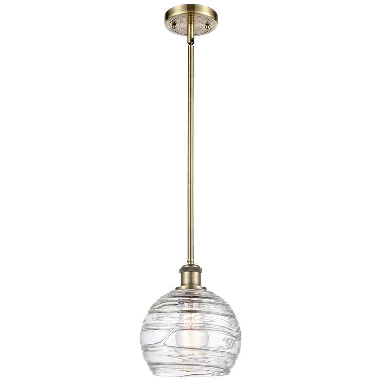 Image 1 Athens 8" Antique Brass Stem Hung Mini Pendant w/ Clear Deco Swirl Sha