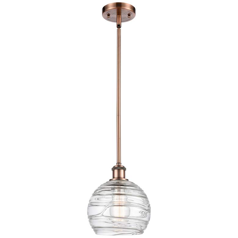 Image 1 Athens 8" Antique Copper Stem Hung Mini Pendant w/ Clear Deco Swirl Sh
