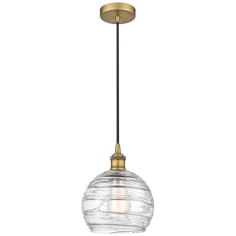Image 1 Athens 8" Brushed Brass Mini Pendant w/ Clear Deco Swirl Shade