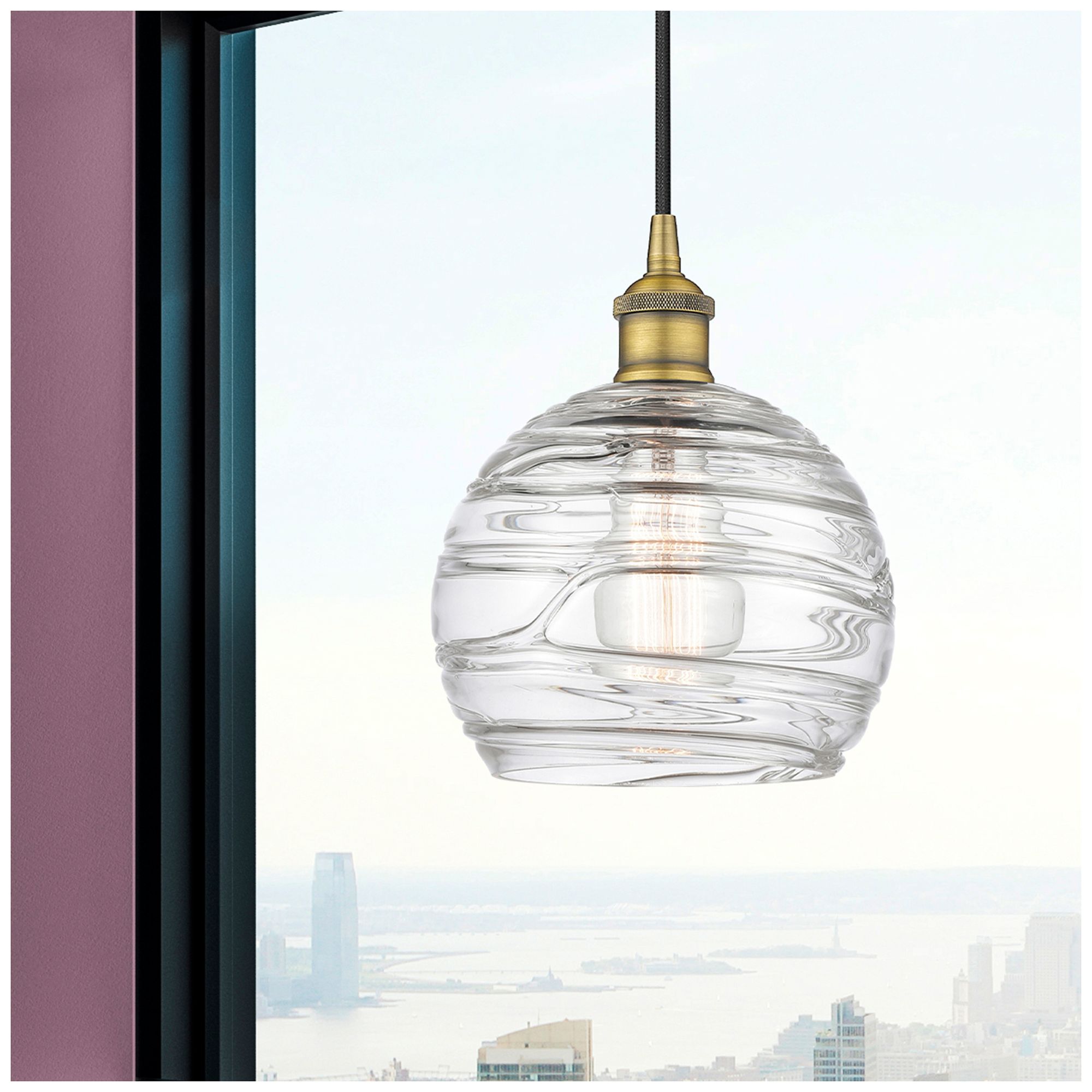 Image 2 Athens 8" Brushed Brass Mini Pendant w/ Clear Deco Swirl Shade more views