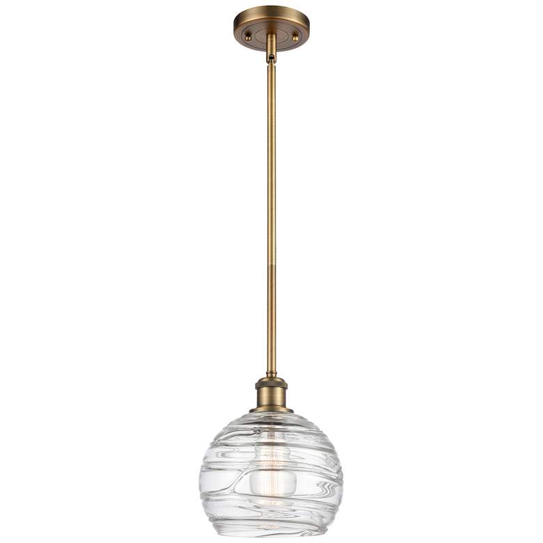 Image 1 Athens 8" Brushed Brass Stem Hung Mini Pendant w/ Clear Deco Swirl Sha