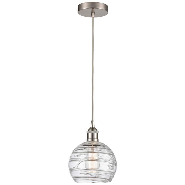 Image 1 Athens 8 inch Brushed Satin Nickel Mini Pendant w/ Clear Deco Swirl Shade