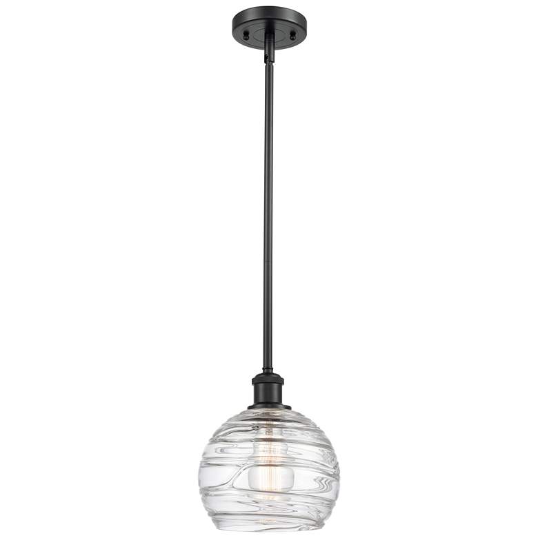 Image 1 Athens 8" Matte Black Stem Hung Mini Pendant w/ Clear Deco Swirl Shade