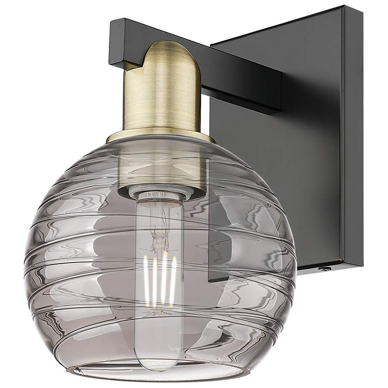 Image 1 Athens Deco Swirl 11"H Black Brass Wall Sconce With Light Smoke Shade