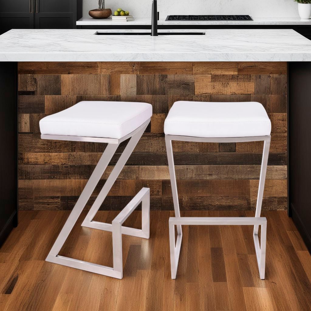 Image 2 Atlantis 26 in. Backless Barstool in White Faux Leather and Stainless Steel more views