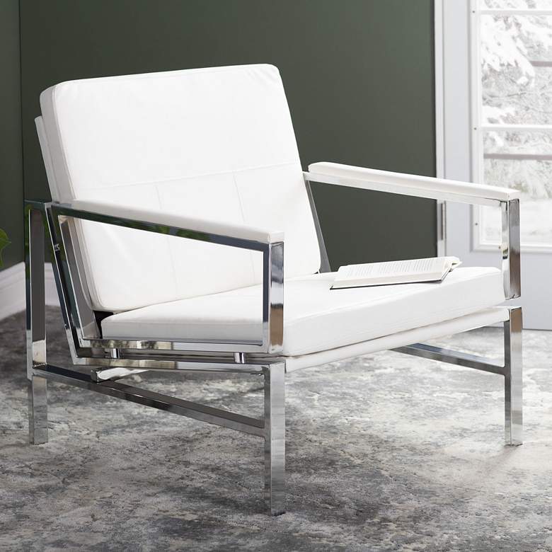 Image 2 Atlas White Blended Leather Chrome Steel Accent Chair