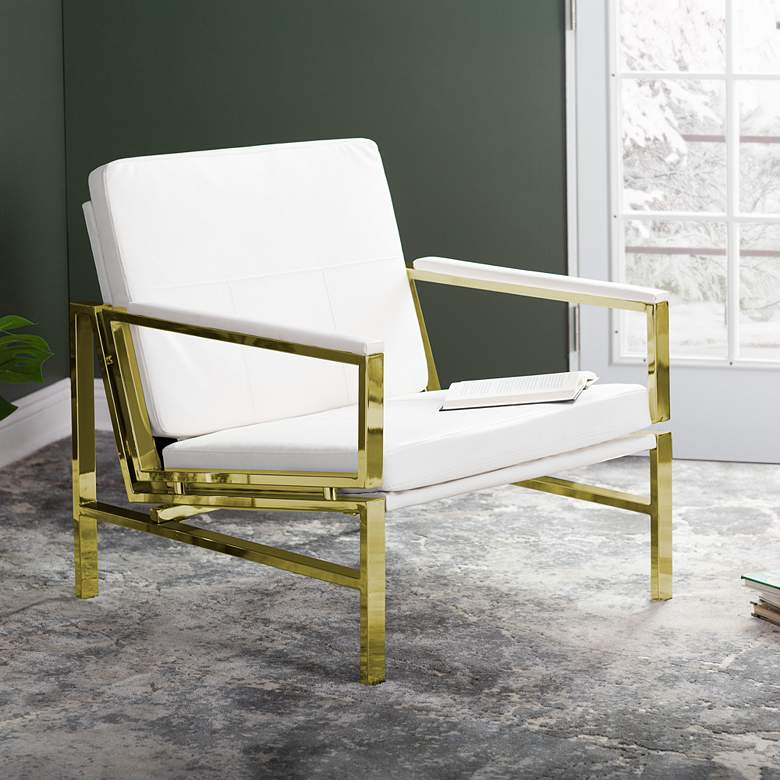 Image 1 Atlas White Blended Leather Gold Steel Accent Chair