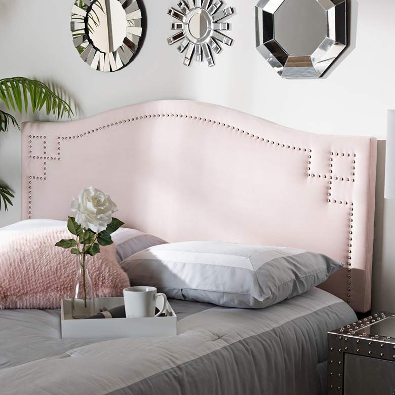 Aubrey Light Pink Velvet Fabric Upholstered Full Headboard more views