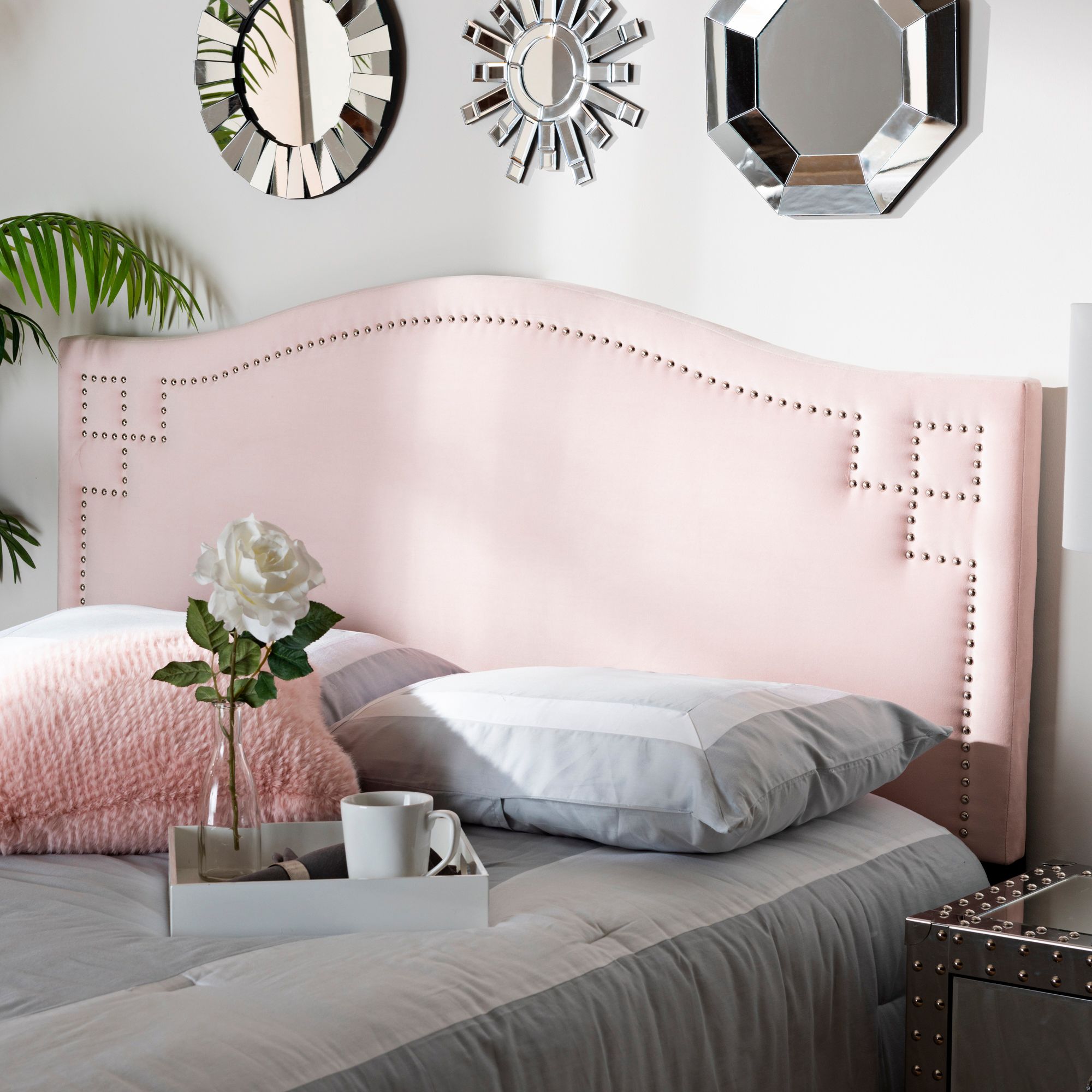 Pink upholstered deals headboard queen