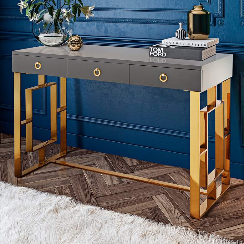 Image 1 Audrey 47 1/4" Wide Gray Lacquer and Gold 3-Drawer Luxe Desk