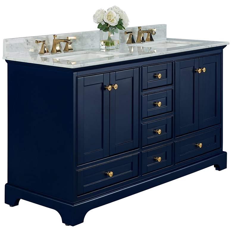 Audrey 60&quot;W Heritage Blue White Marble Double Sink Vanity