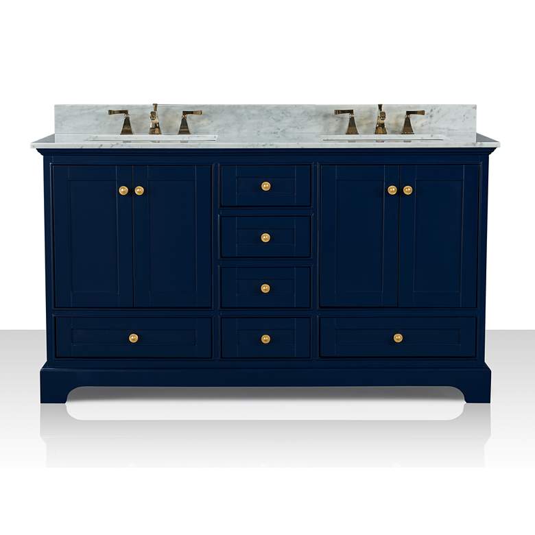 Audrey 60&quot;W Heritage Blue White Marble Double Sink Vanity more views