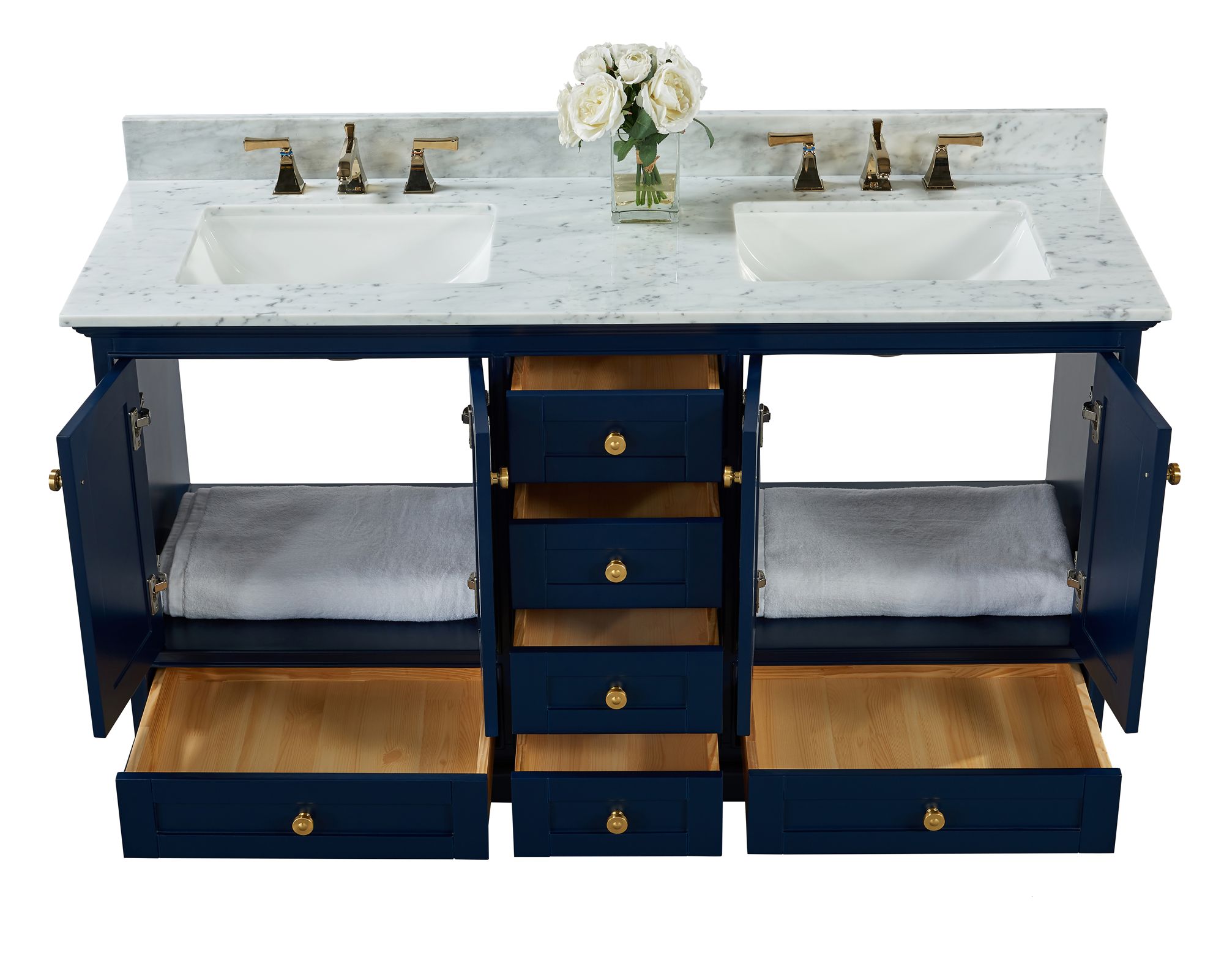 Audrey 60"W Heritage Blue White Marble Double Sink Vanity