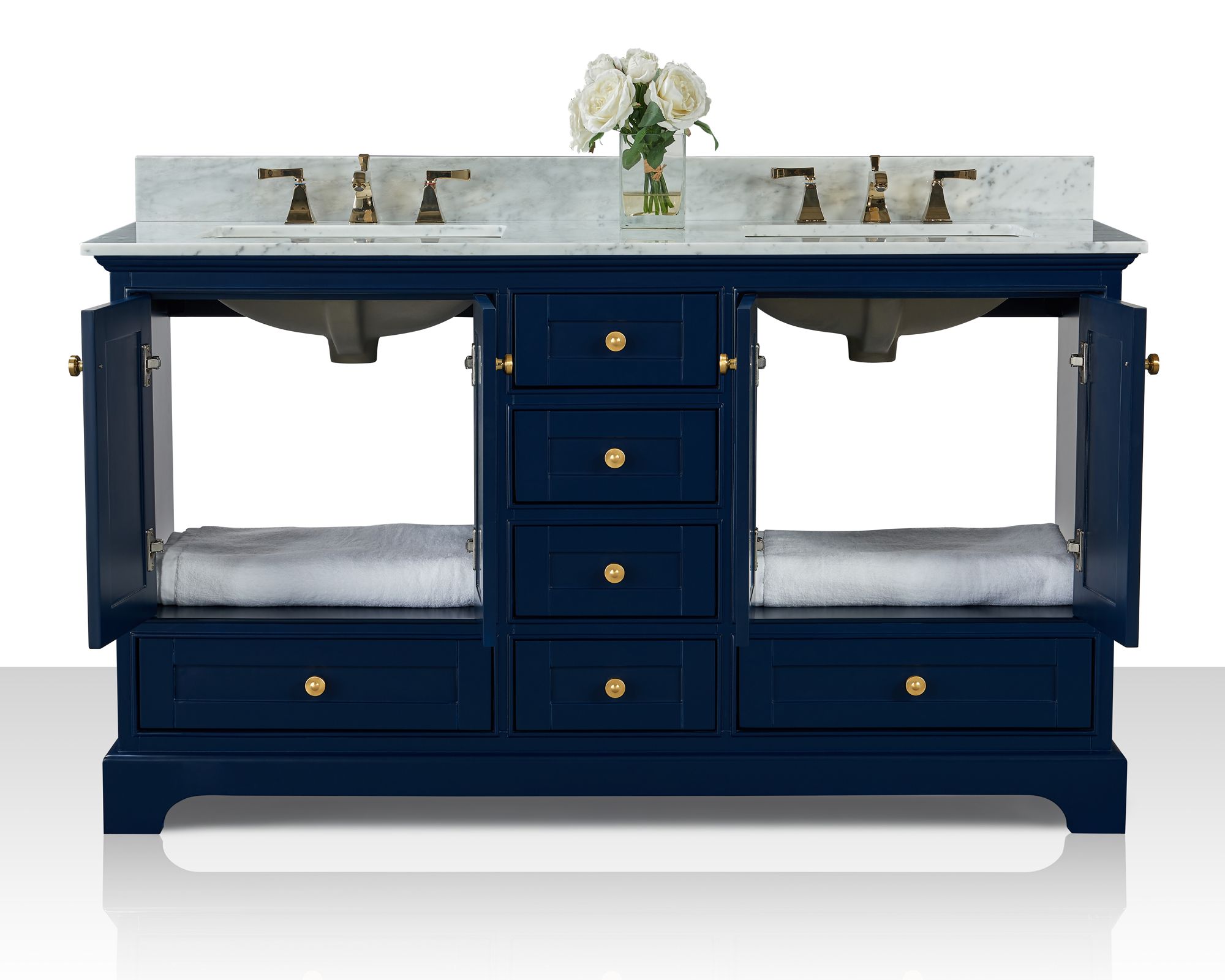 Image 3 Audrey 60"W Heritage Blue White Marble Double Sink Vanity more views