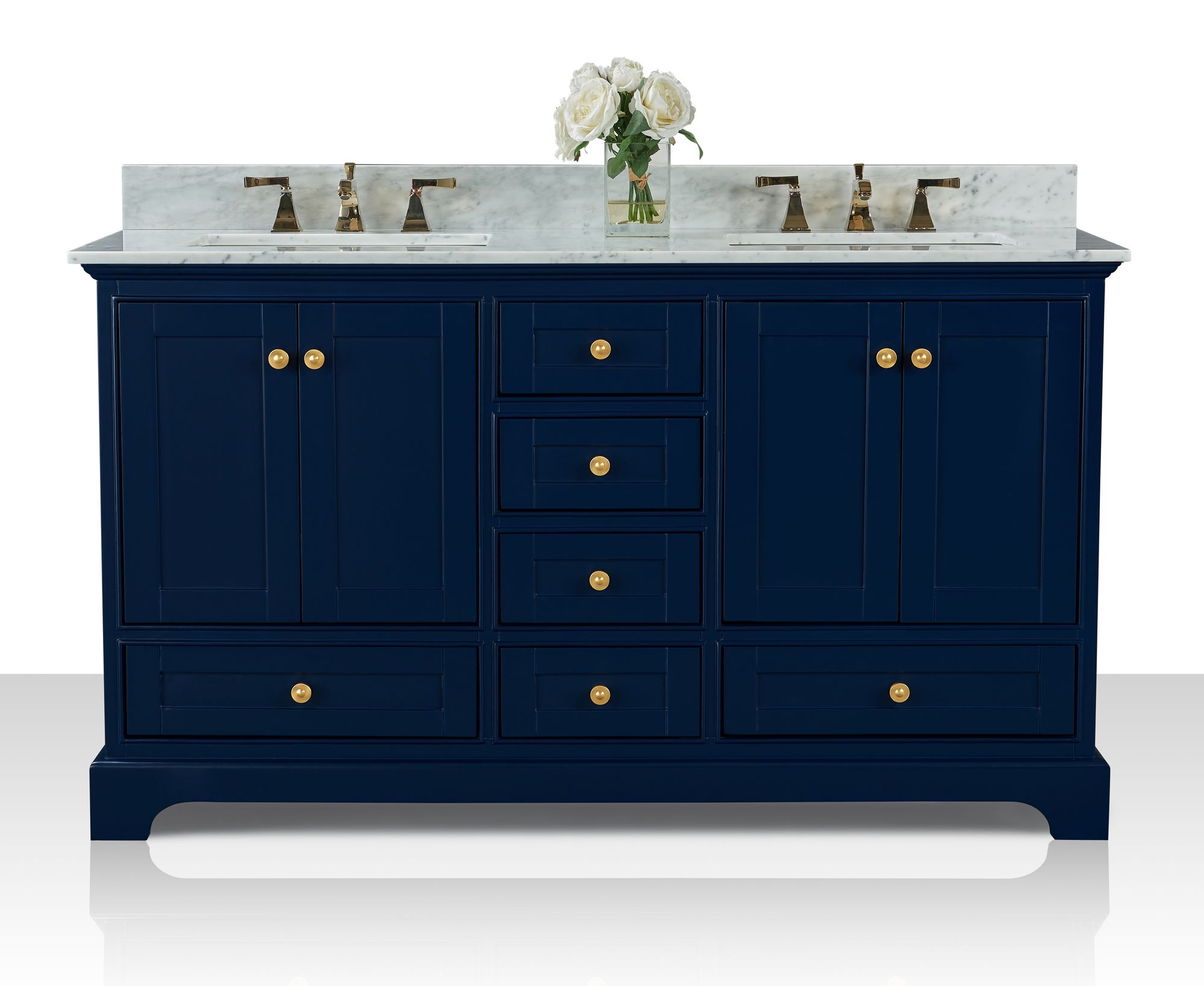 Image 7 Audrey 60"W Heritage Blue White Marble Double Sink Vanity more views