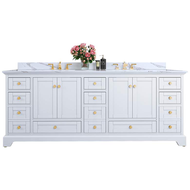 Image 1 Audrey 84 inch White Double Sink Vanity with Quartz Stone Top and Gold Har