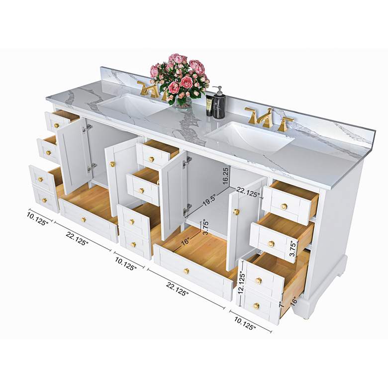 Image 5 Audrey 84" White Double Sink Vanity with Quartz Stone Top and Gold Har more views